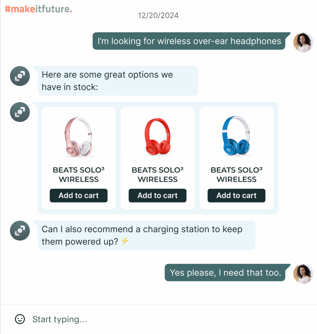 An AI assistant chat helping a customer pick a product, with recommendations pulled from the company catalogue.