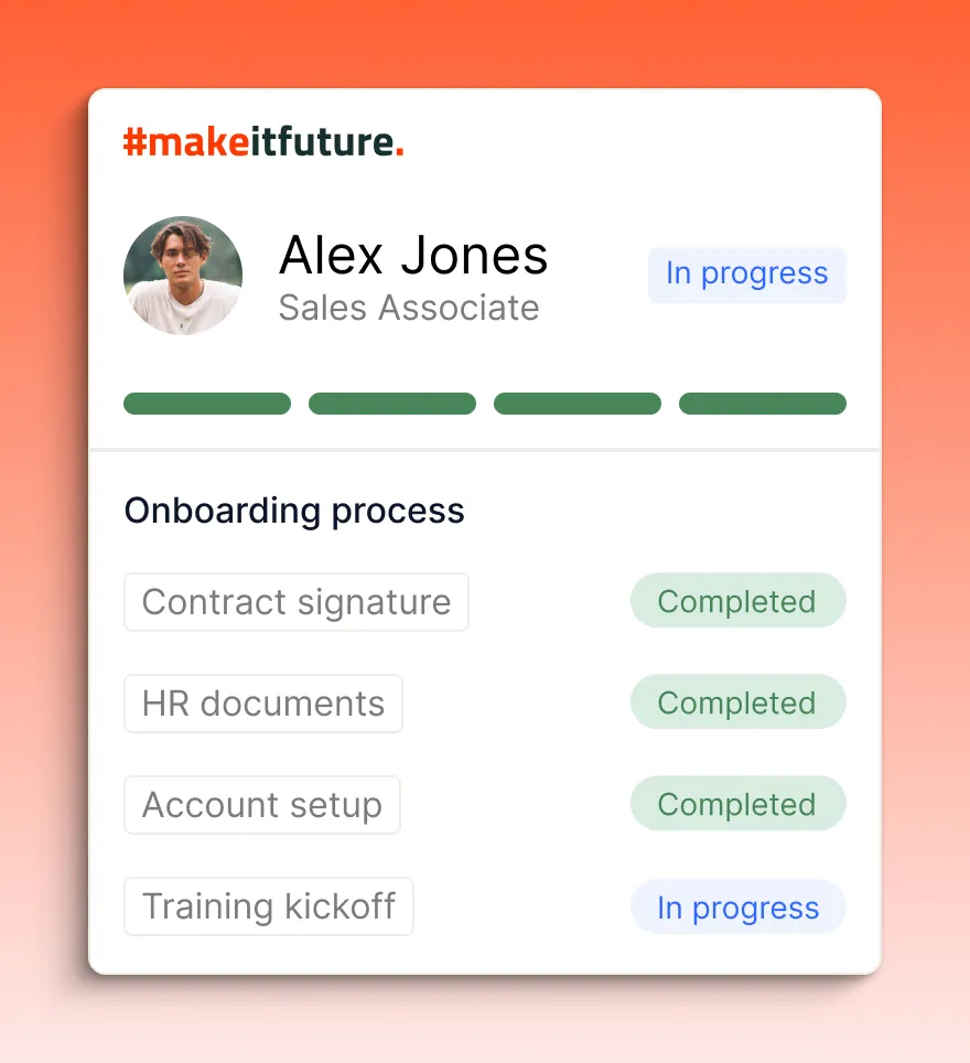 Statusul onboarding-ului pentru Alex Jones, Sales Associate. Trei sarcini finalizate: Semnarea contractului, Documente HR, Configurarea contului. O sarcină în desfășurare: Începerea instruirii.