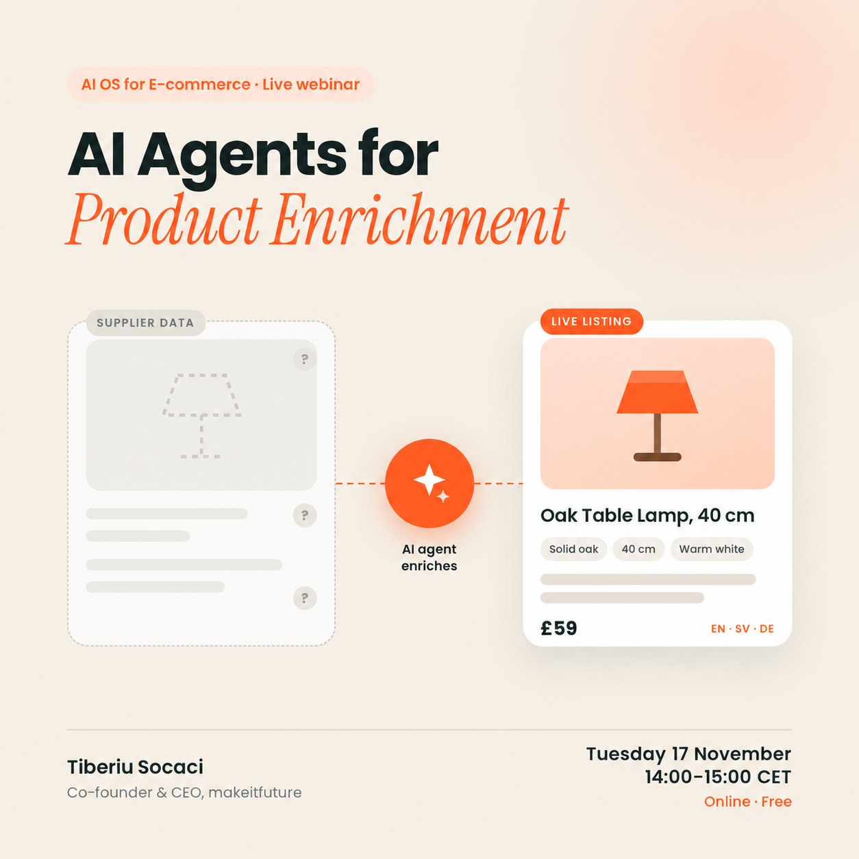 Imaginea webinarului AI Agents for Product Enrichment: datele furnizorului devin o listare de produs